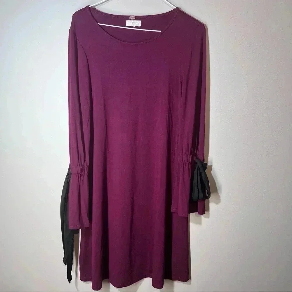 Cupio tunic dress burgundy bell long sleeves  size large - Picture 2 of 6